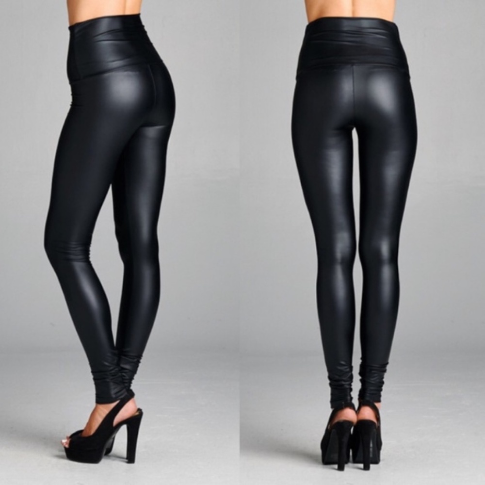 High waist fold over leather Leggings Black Matte - Picture 2 of 4